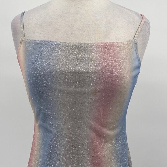 Vintage 90s Y2k Sparkle Mini Dress Glitter Ombre Stripe Silver Pink Blue Small - Picture 2 of 9
